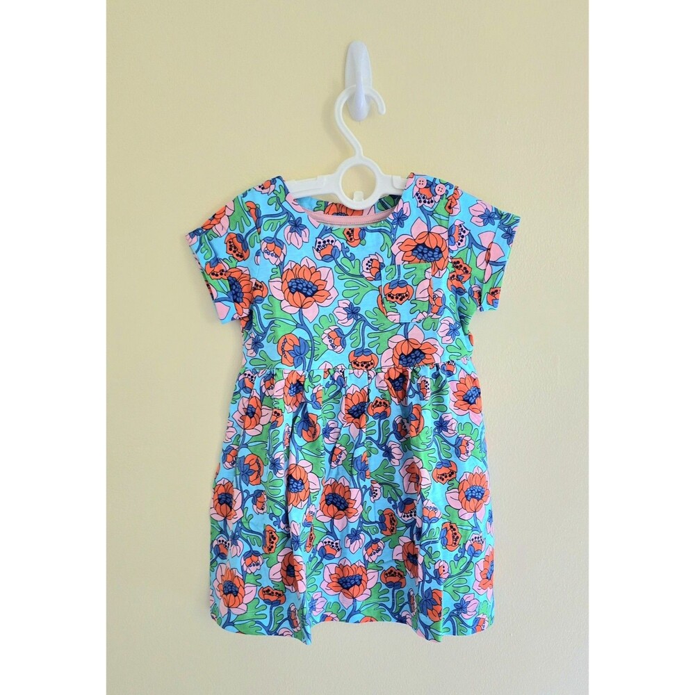 NWOT Mini Boden Fun Jersey Dress-Aqua Blue Poppies, Sz 2/3-9/10